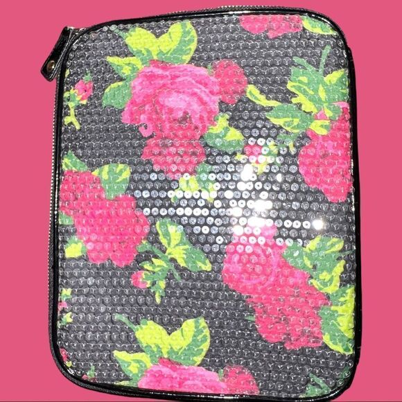 Betsey Johnson black tablet cover with fuchsia roses under clear sequins… - Picture 3 of 5